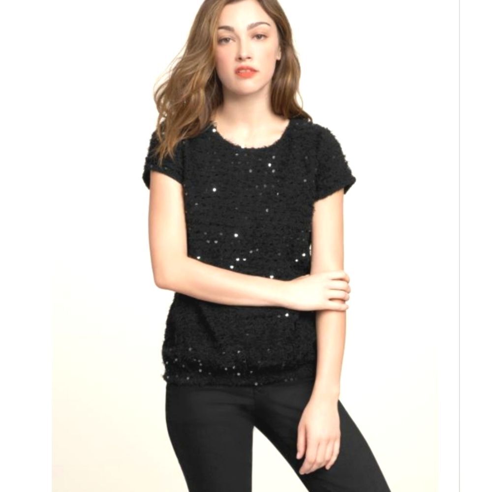 Gap Black Fuzzy Cap Sleeve Sequin Sweater Size Medium